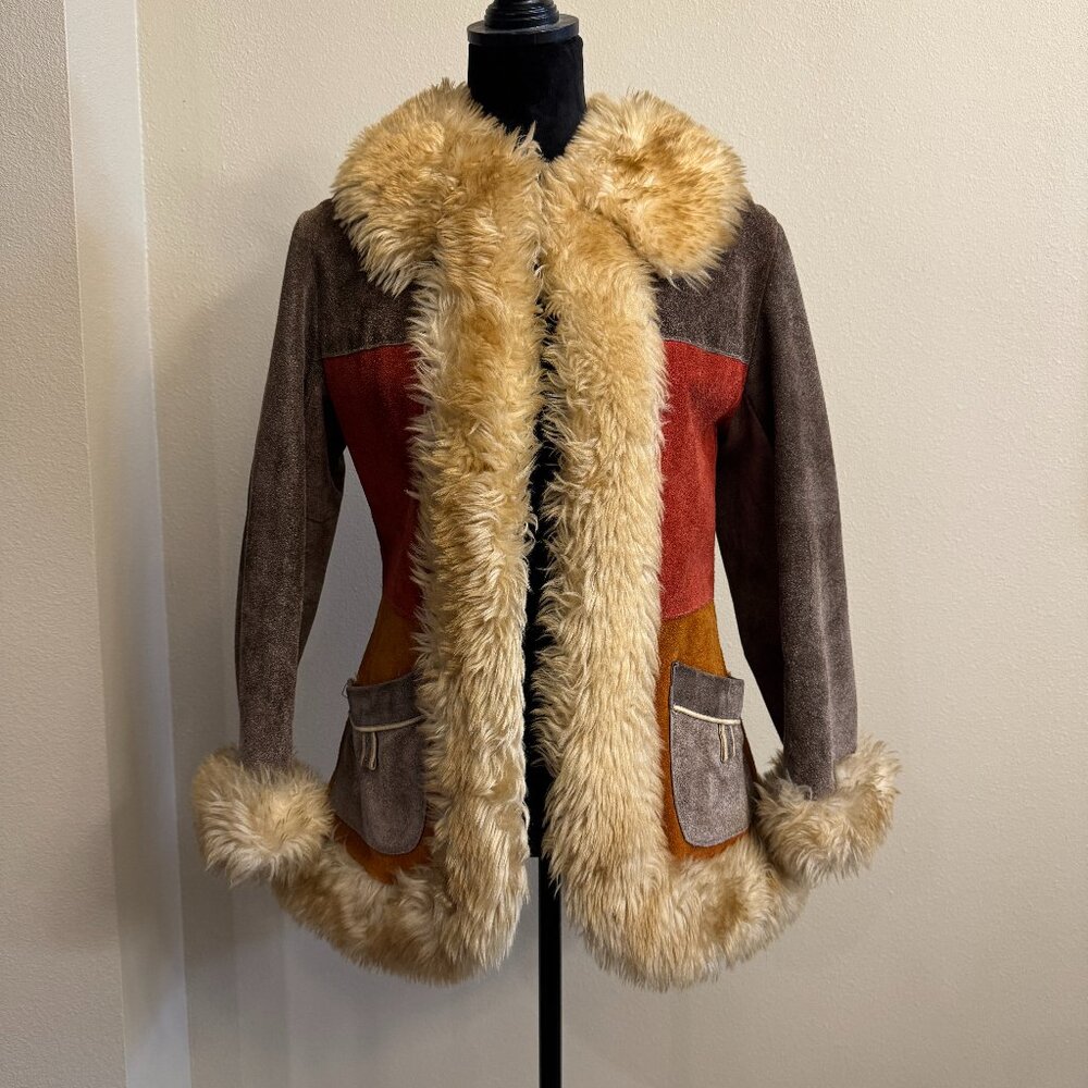 Vintage 60s/70s Penny Lane Patchwork Suede Leather Fur Coat Boho Hippie Festival